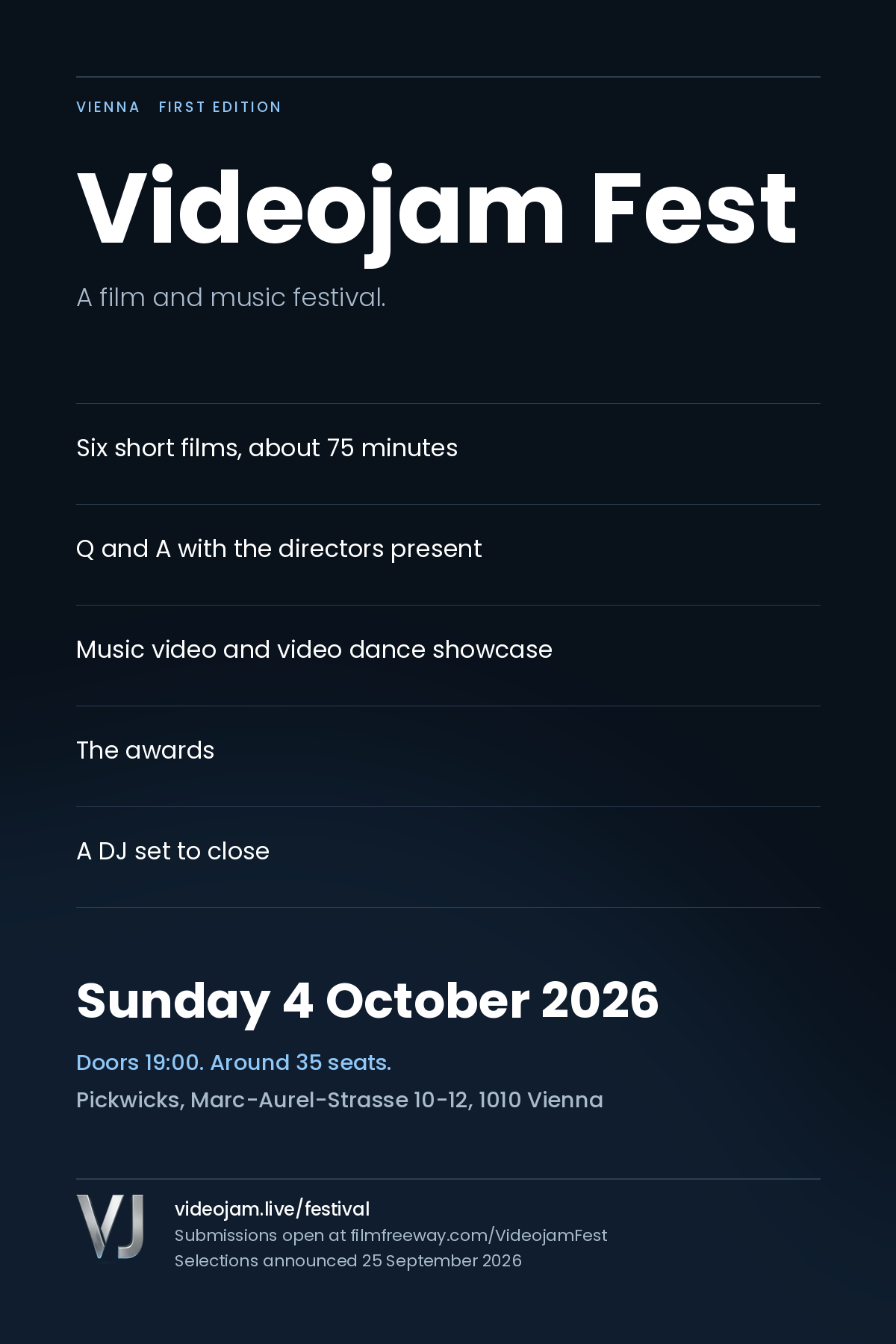 Videojam Fest poster, Sunday 4 October 2026, Pickwicks Vienna